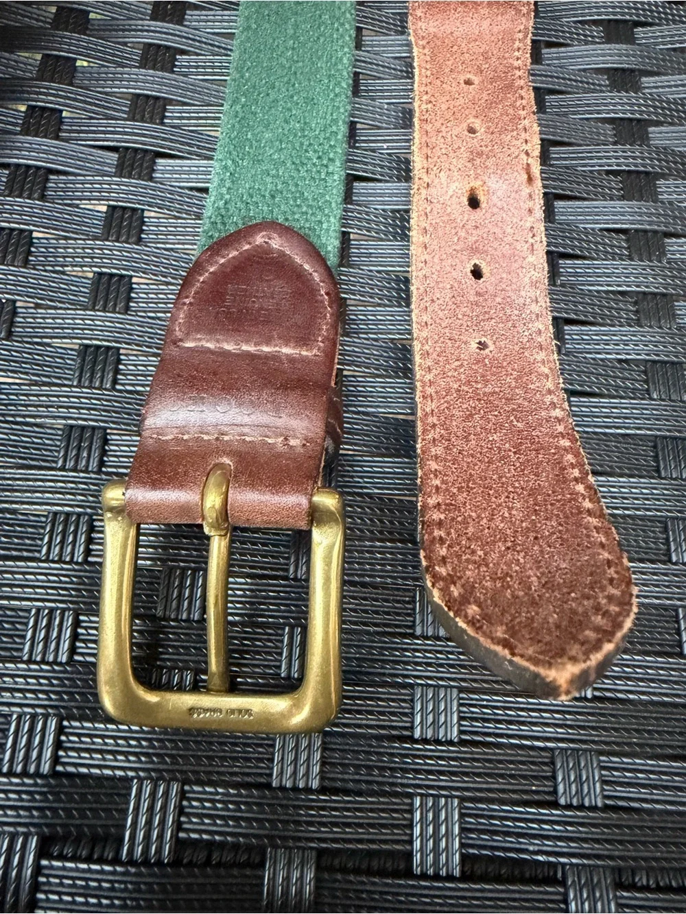 Vintage Rare Brooks Brothers Green Canvas Leather Belt Solid Brass Buckle 42”